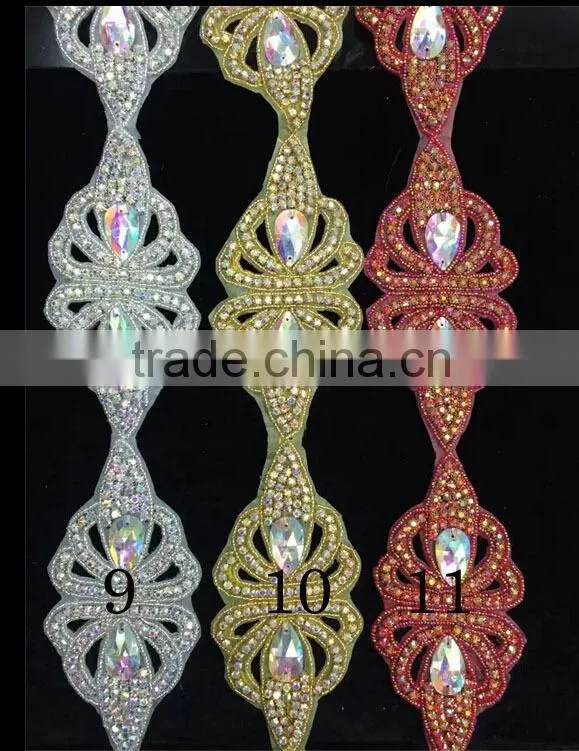 New Design Bridal Beaded Rhinestone Trimming Applique For Wedding Sash Crystal Bridal Applique For Wedding Dress