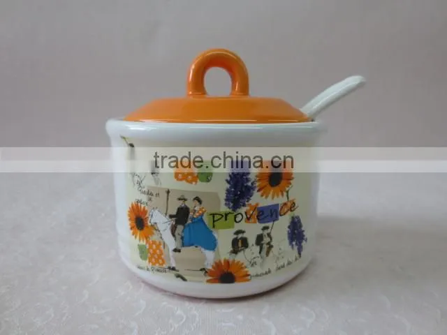 Eco-friendly Feature Decal Ceramic Sugar Jar with Spoon