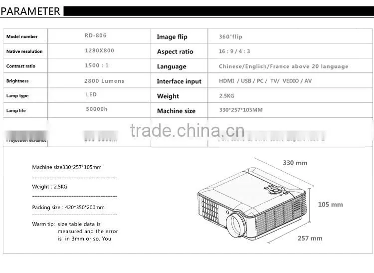 RD-806 LED projector training projector 1280*800 2800lumens VGA TV ports presentation projector