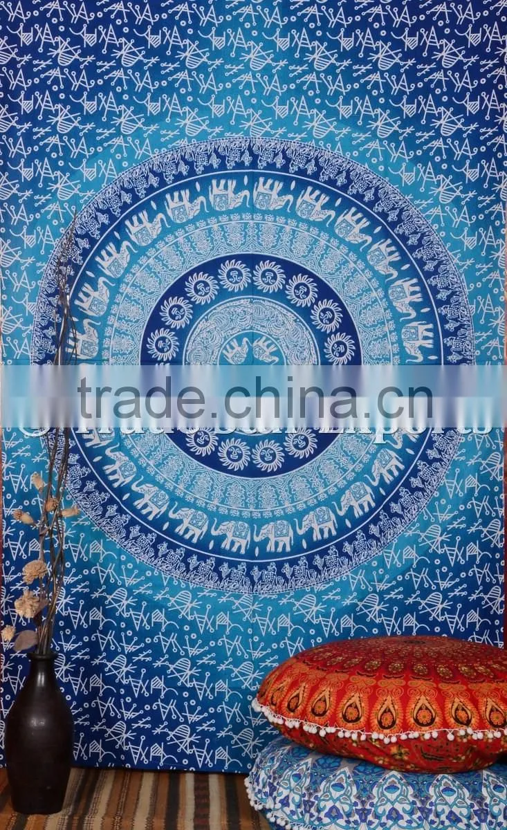 Indian Ombre Ethnic Elephant Hippie Mandala Wall Art Twin Cotton Boho Wall Hanging Tapestry