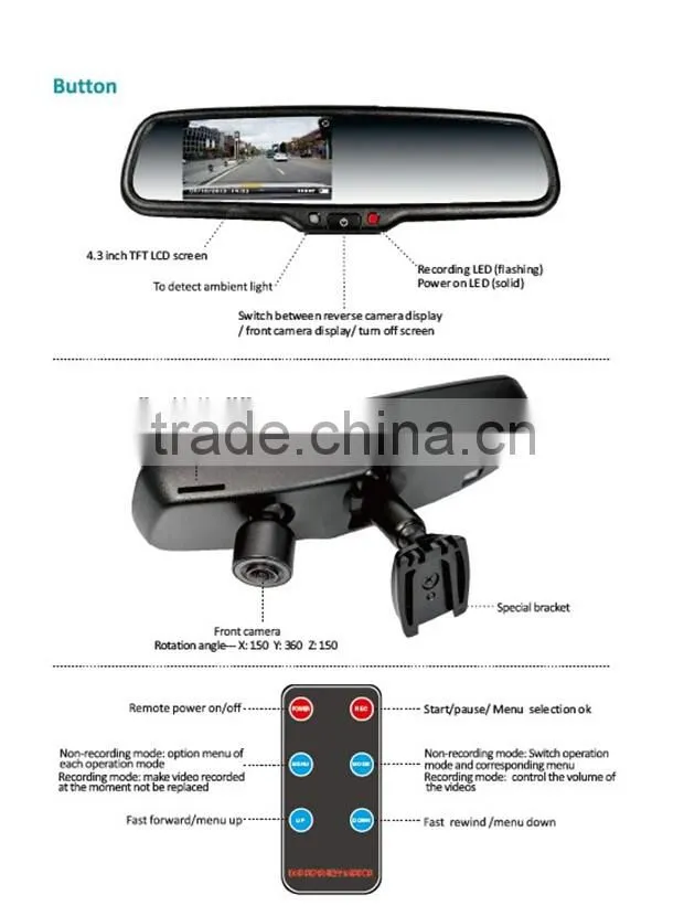 4.3" 1080P Car DVR Rearview Mirror with WIFI, 2-channel Recording, GPS tracker and Auto Dimming