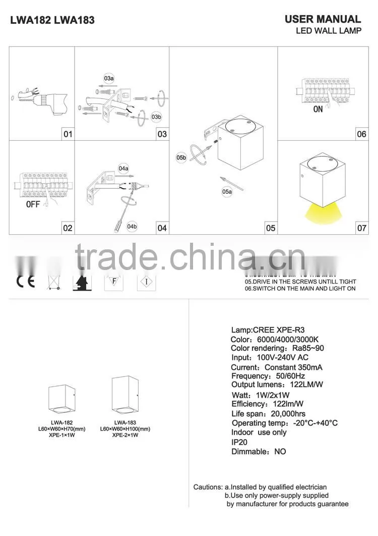 pure aluminum 2*1w 244lm led surface wall light