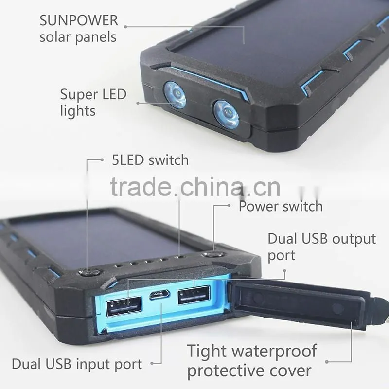 Waterproof 15000mah universal solar power bank cell phone charger 5v 2a for laptop