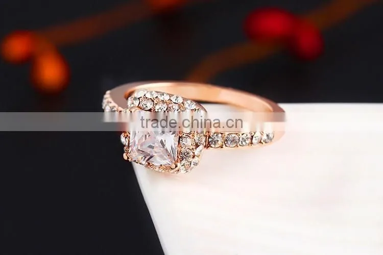 High quality 14k rose gold plated white crystal with big square zircon ladies rings for wedding