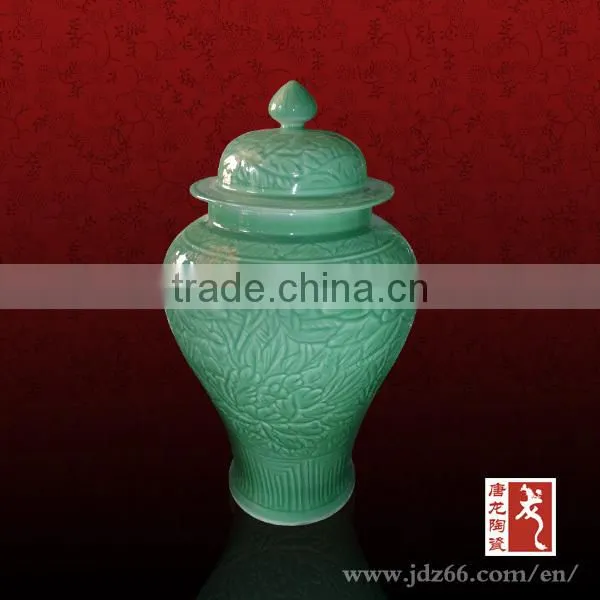 Fine green glazed ceramic tall ginger jars from Jingdezhen