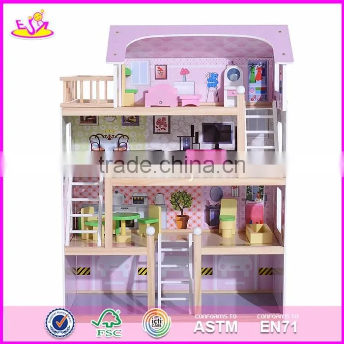 2017 Best design luxurious three floors wooden kids modern dollhouse with furniture W06A247