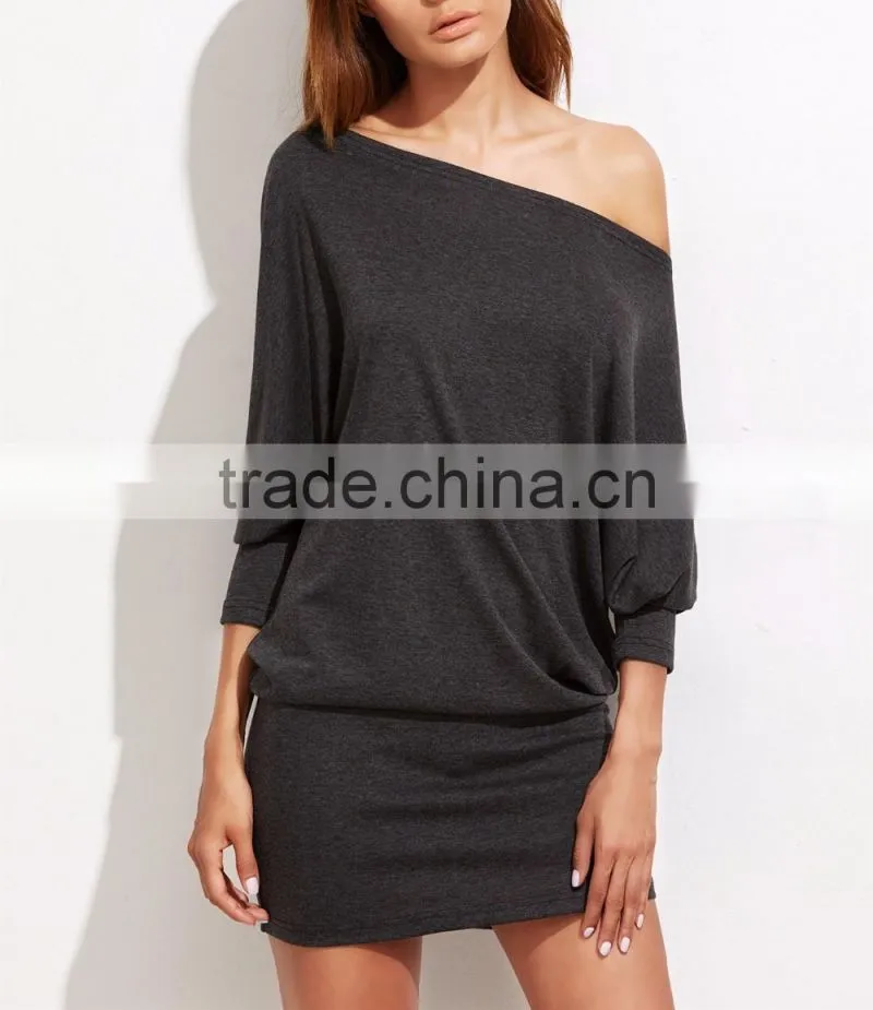 Off Shoulder Blouson Dress Women Long Sleeve Autumn Winter Grey Sexy Party Mini Dresses Women Vestidos