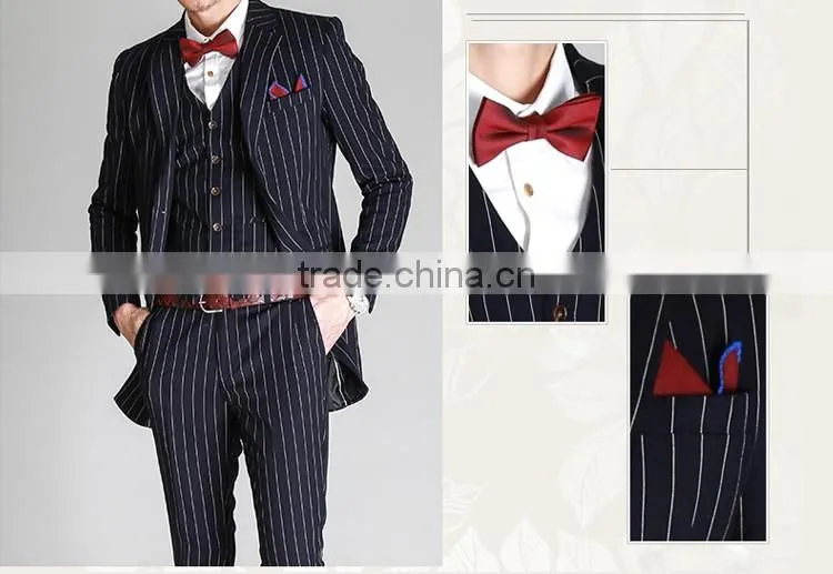 2017 latest design 3 pieces suits with long blazer waistcoat and pants dark blue stripe suite made in china