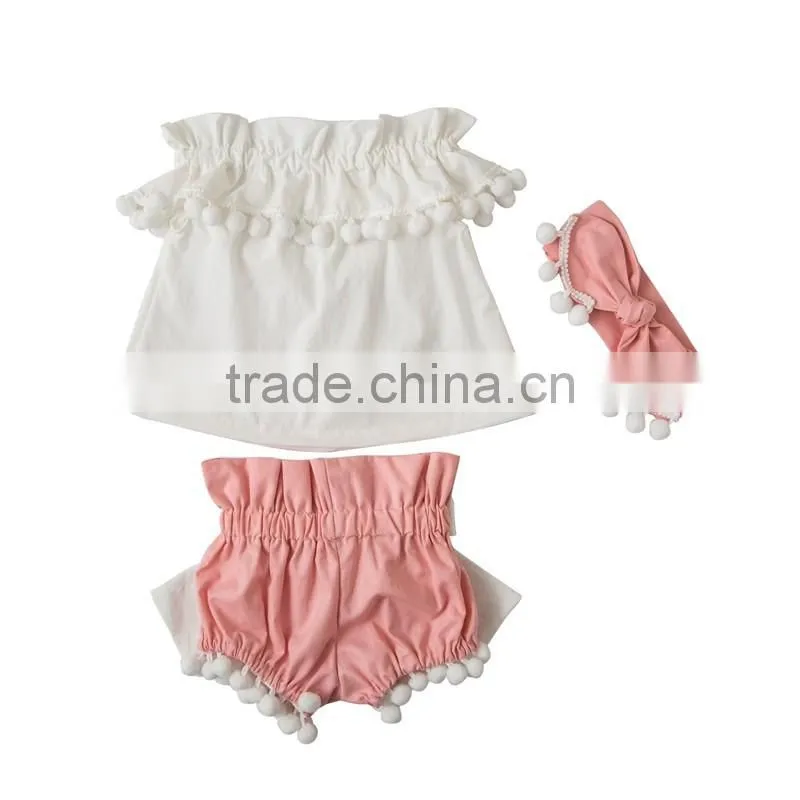 New arrival baby girl open shoulder top shorts outfits,pompom top set