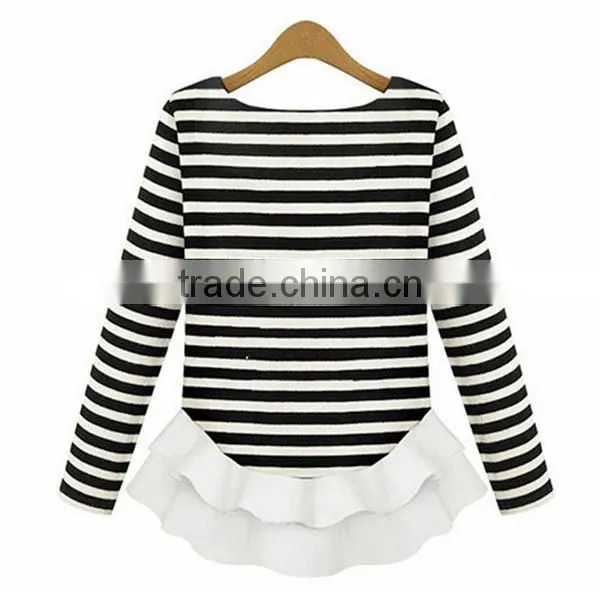 Autumn latest design round neck ivory long sleeve chiffon stitching knitting striped printing t shirt design