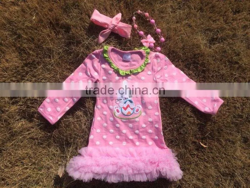 2015 new baby girls pink white polka dot bunny Easter dress with necklace and headband set