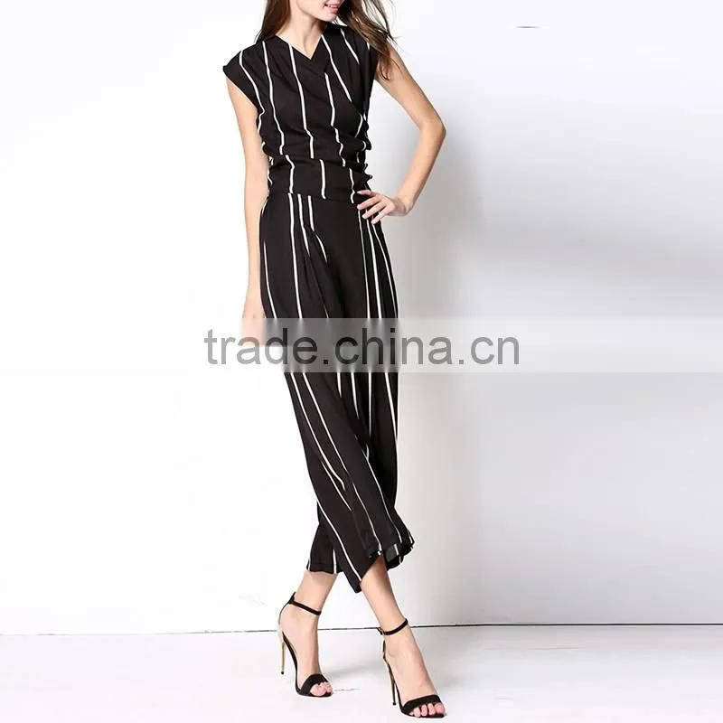 Chiffon Women Casual Set Pants Different Size & top printed striped black