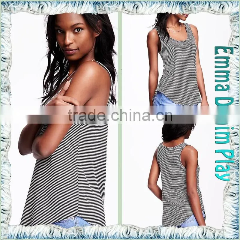 Tops Suppliers China High Quality Womens Deep Round Neck Stripe Long Tank T Shirts