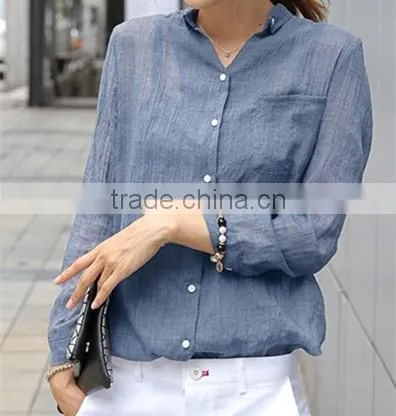 Small pure and fresh and seven big yards of cotton fiber is prevented bask in clothes woman slim sleeve linen collar shirt
