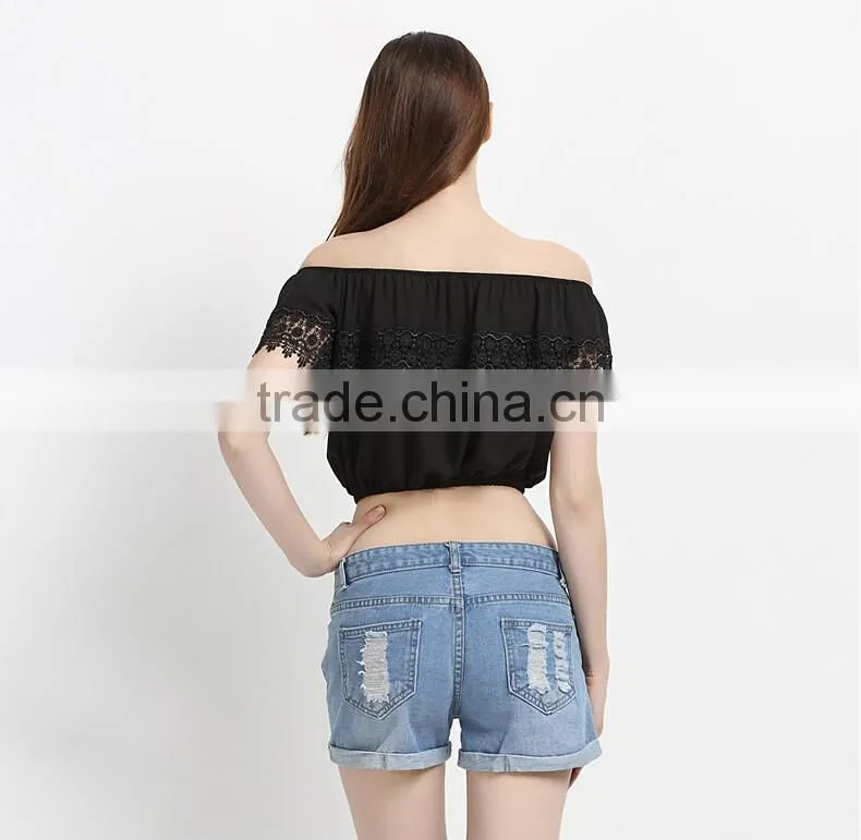 Wholesale Hot Sale Photo Image Girls Boat Neck Blouse Designs Ladies Fashion Crop Top