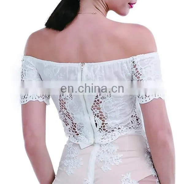 Fashion Boat Neck Off Shoulder Design Short Sleeve Lady Lace Cotton Tops Summer