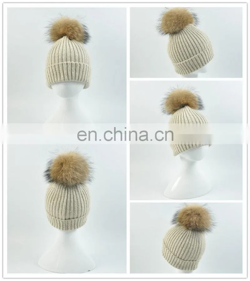Kids Funny Hat With Big Genuine Raccoon Fur Ball Winter Knit Hat Baby Crochet