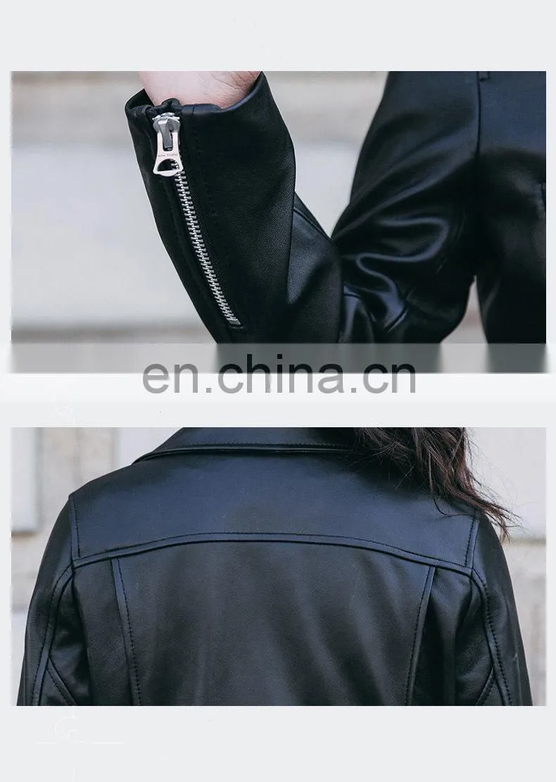 Fashion Cool Zip Front Black Leather Jacket Woman / Real Sheep Skin Jacket Leather / Leather Motorcycle Jacket