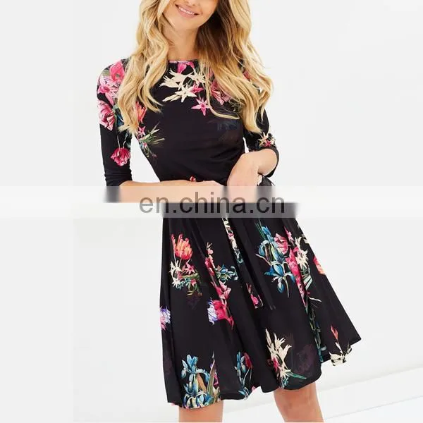Oem women dresses 3/4 sleevefloral print girls autumn dress names with pictures