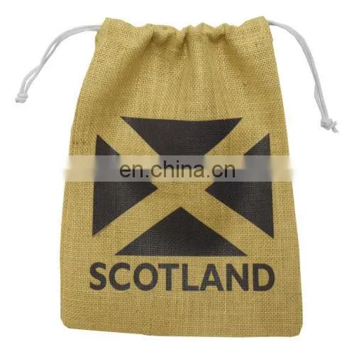 promotional jute wine drawstring bag with paper tag tied on the drawstring