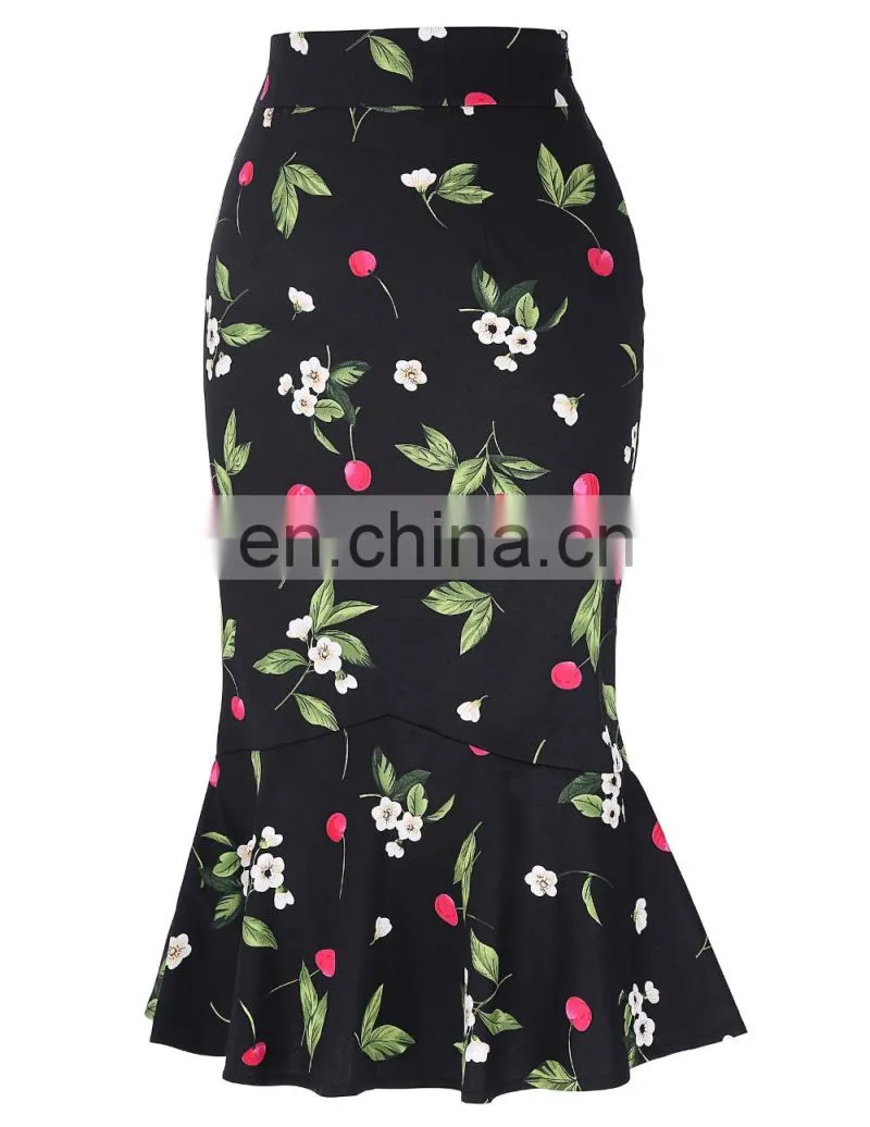 Kate Kasin Occident Women Fashion OL Causal Hips-Wrapped Mermaid Floral Print Tight Pencil Skirt KK000220-2