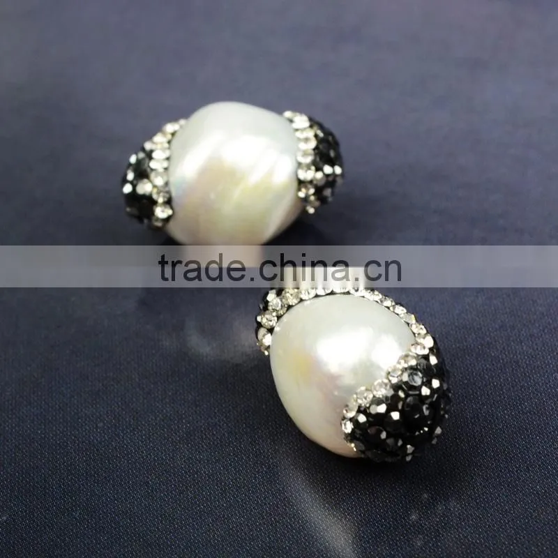 Fresh water pearl jewelry, fashion pearl beads with CZ, zircon pave jewelry beads with hole