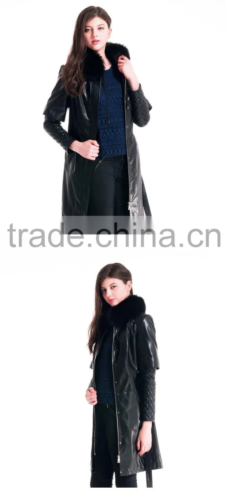 Winter Women Medium Length Slim Fit Leather Coat With Detachable Blue Fox Hat Overcoat