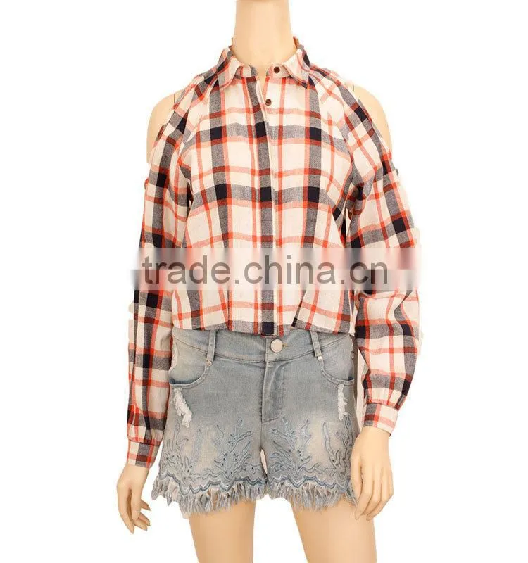 cold shoulder women plaid shirt long sleeve fashion blouses 2015