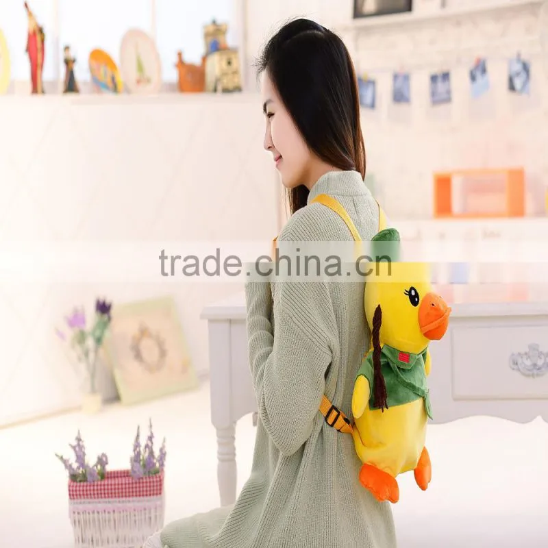 30cm lovely customized yellow stuffed plush strawberry duck doll animal backpack with strawberry-printed T-shirt