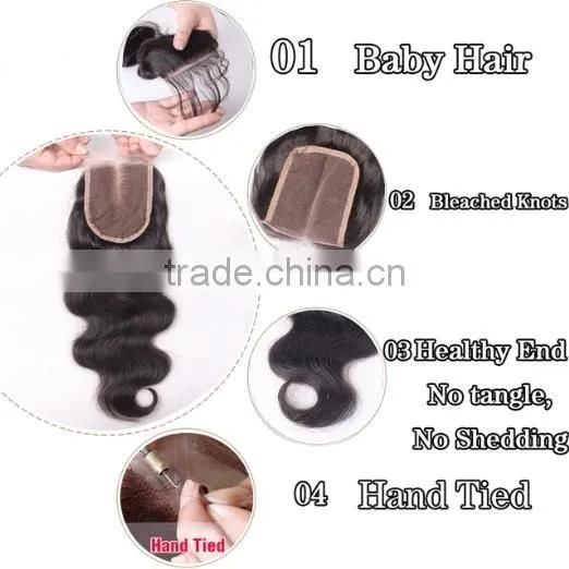 Brazilian Body Wave Top Closure Unprocessed Human Hair Lace Closure Bleached Knots with Baby Hair