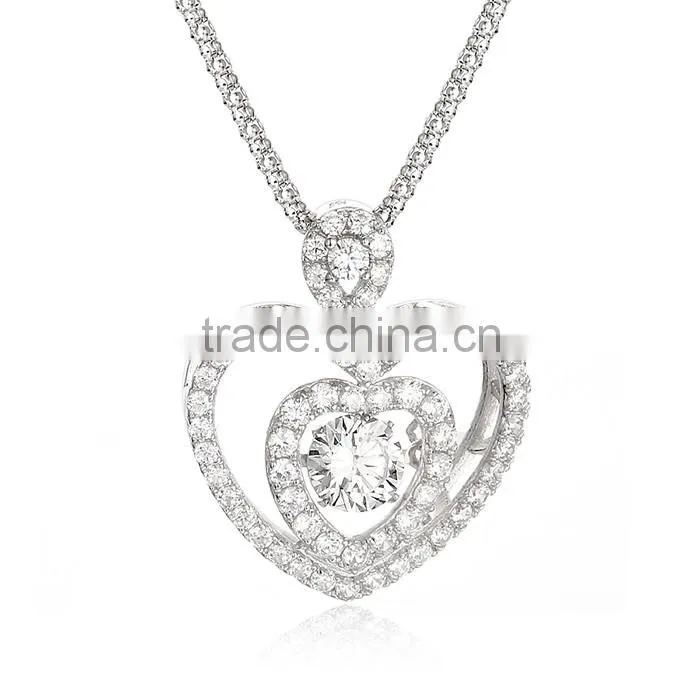 Silver Dancing Stone Heart Shape Pendant Necklace Jewelry
