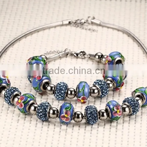Bohemian Style Flower Pattern Blue Bead Necklace And Bracelet Jewelry Sets