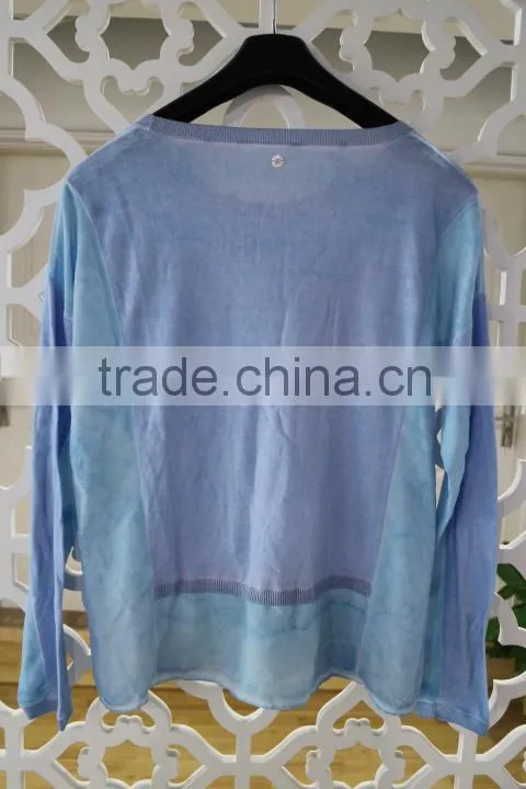 Women basic long sleeve sky blue pullover cotton woven and knit mixed sweater for autumn winter
