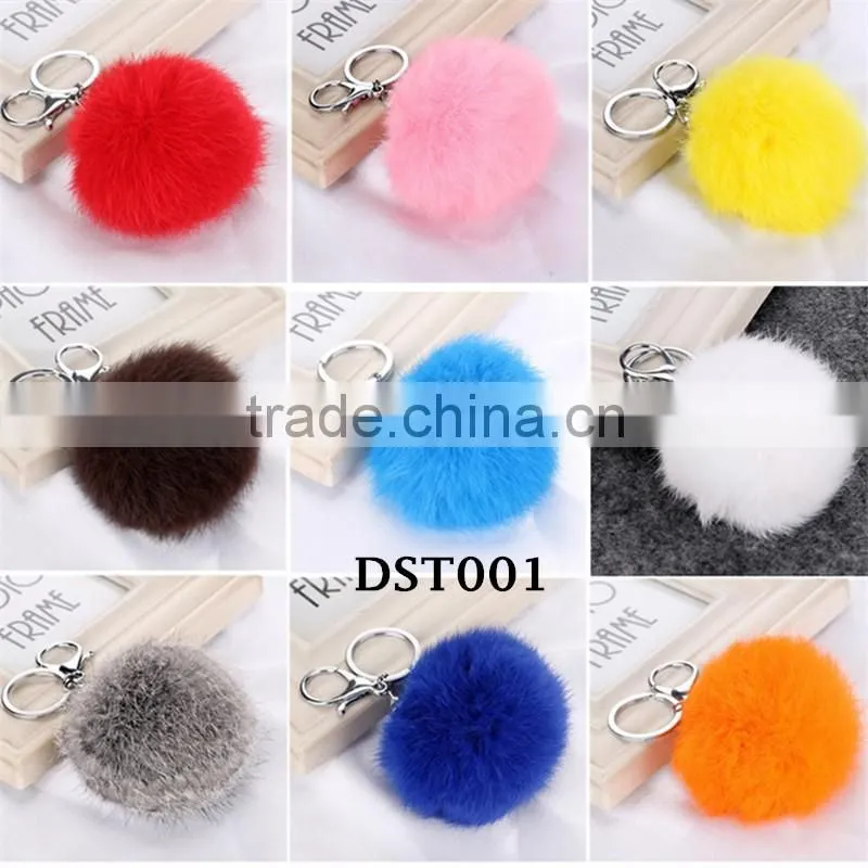 2017 new trinket Keychain pompons rabbit fur fluffy Pom Pom key chains for cars keyrings