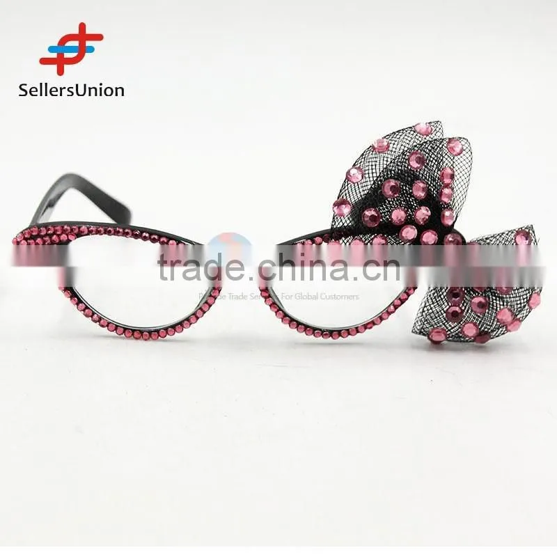 2017 hottest sale No.1 Yiwu export commission agent Wholesale diamante eye glasses with net bowknot