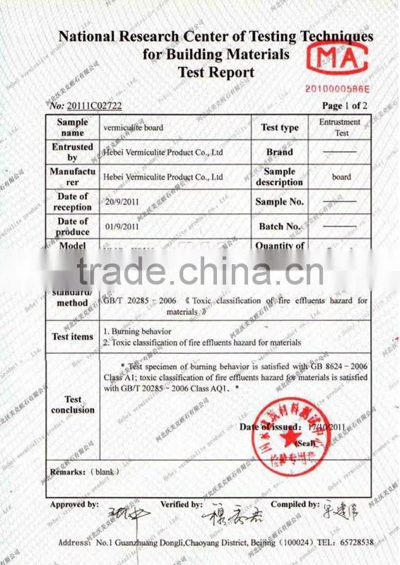 10-25mm*1000*610mm Vermiculite Fire Insulation Board