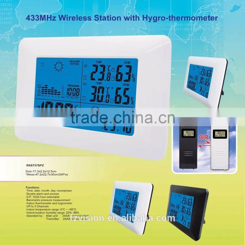 White RF Digital Clock Wireless Weather Station with Blue Backlight Thermometer Hygrometer Barometer 3 transmitters