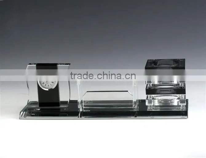 JINGYAGE Office Table Set K9 Crystal Business Card Holder With Clock and Black Pen Holder