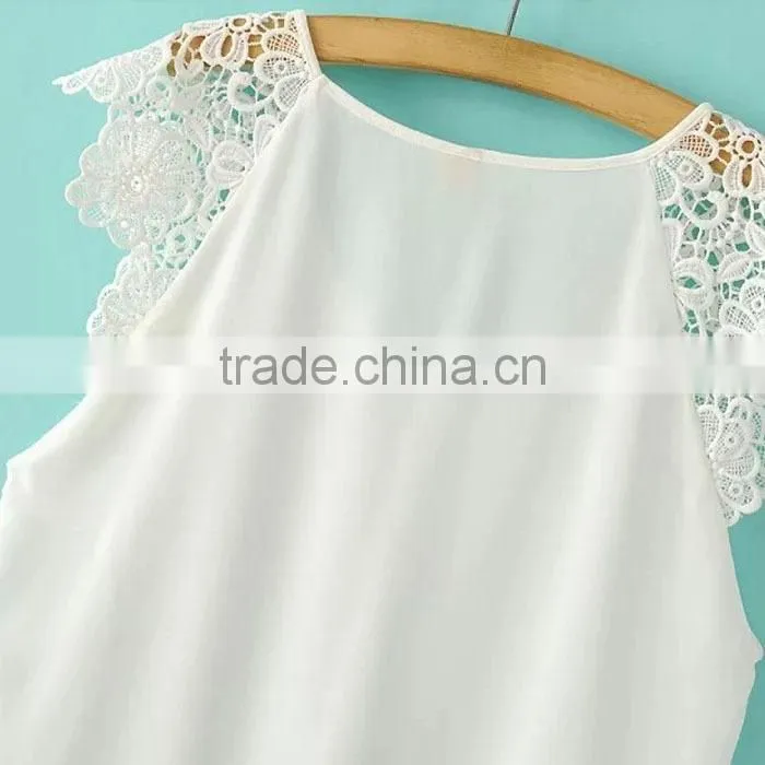 New Women Fashion Summer Lace Floral Hollow Splice Sleeveless Chiffon Blouses