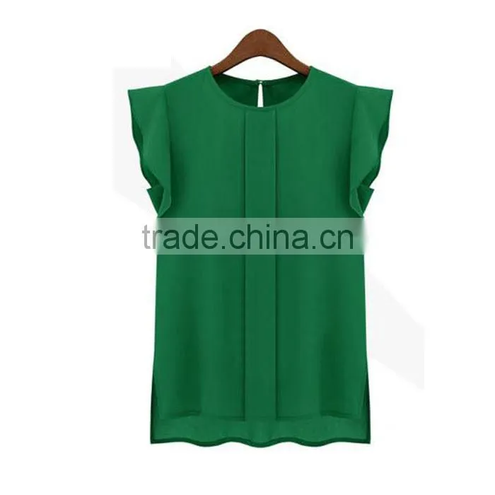 Hot cheap clothes china Womens Summer Casual Clothing Loose Short Tulip Sleeve Chiffon Blouse Shirt Tops