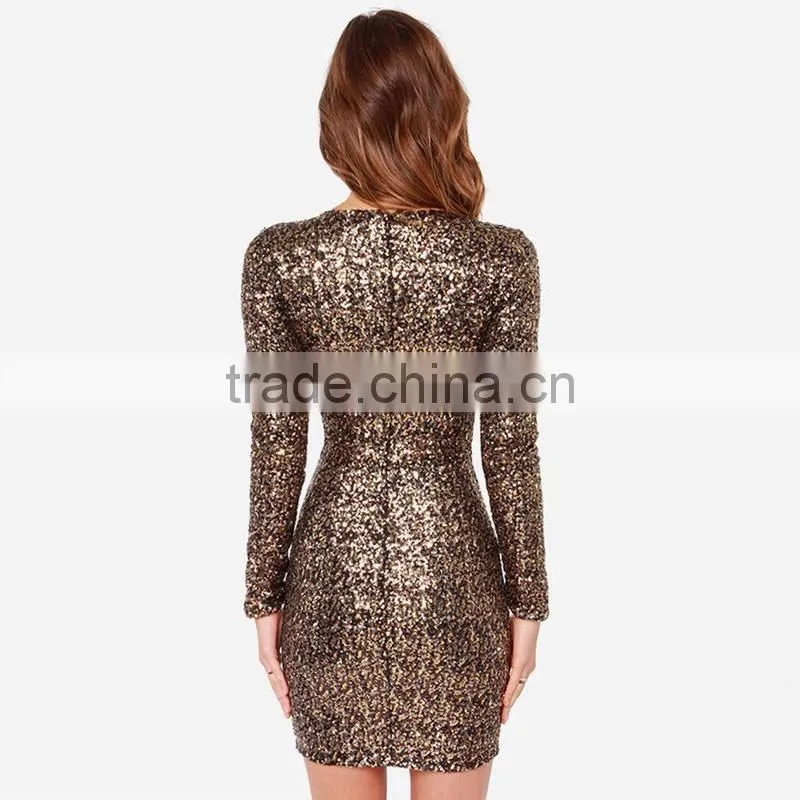 Sexy Women Plunge Neck Long Sleeve Bodycon Zipper Evening Party Cocktail Dress