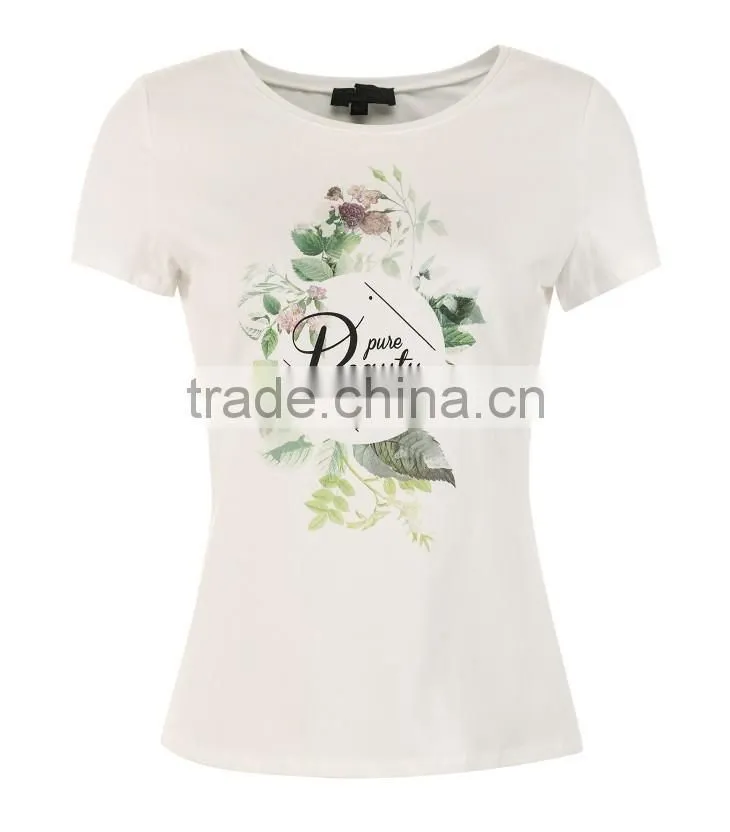 Girls 95% cotton 5%spandex skinny short sleeve flower printing white tee
