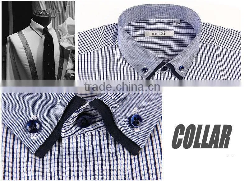 double collar shirt with woven tape decoration cuff check design non iron shirt