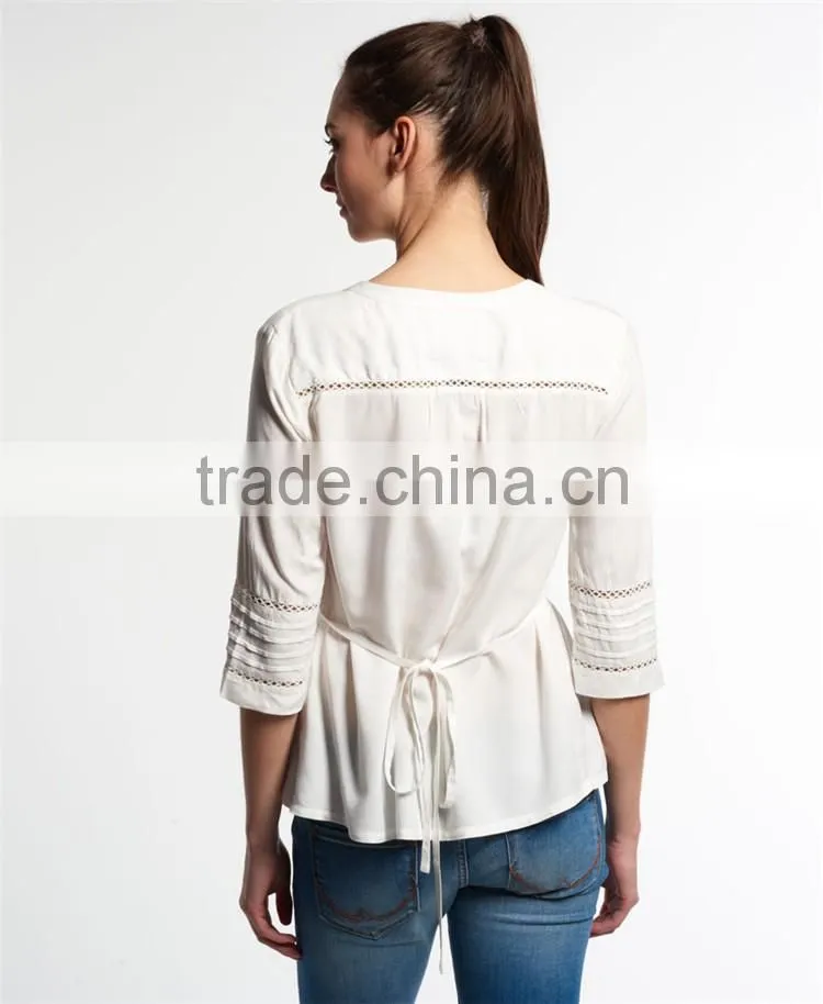 2016 Guangzhou Shandao OEM/ODM Custom Design Women Autumn 3/4 Sleeve V Neck Ruffle Bottom Cotton White Tops