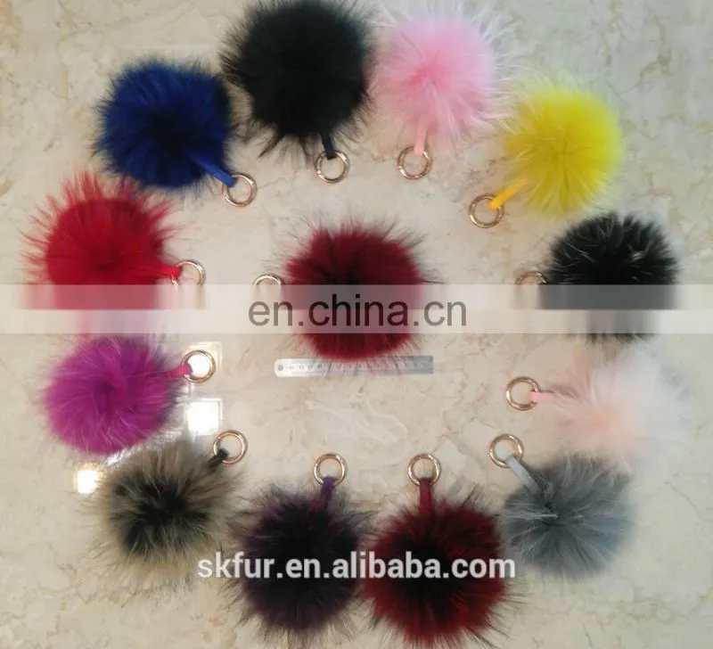 Multicolor and fluffy big size real raccoon fur pom pom ball keychain