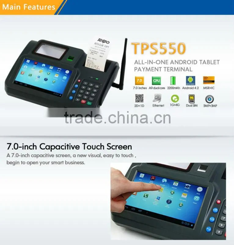 China TPS550 with camera, 1D/2D Barcode Scanner, Finger Printer wcdma/wifi/etherent nfc programmable android eft pos machine