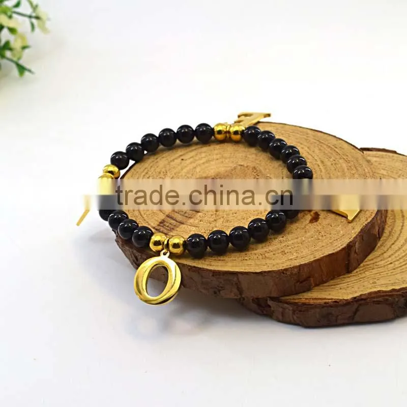 Custom fashion bracelet with 26 letter pendant choose black bead bracelet