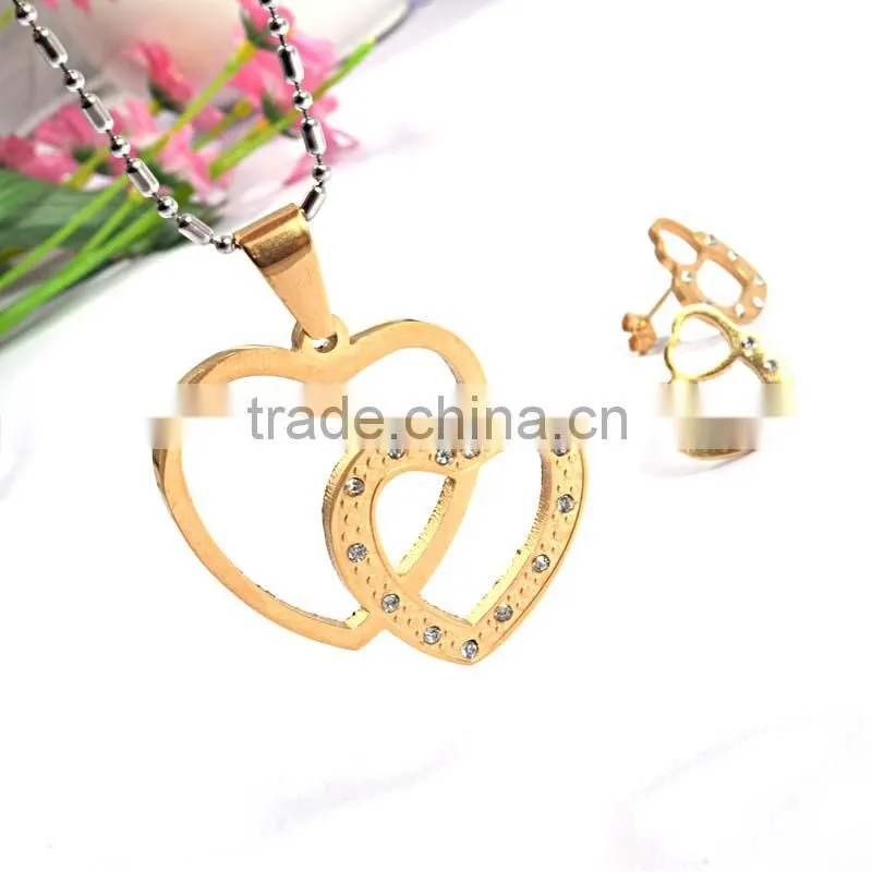 Women Fashion Wholesale In Greece Double Heart Gold Plating Jewerly Sets Women