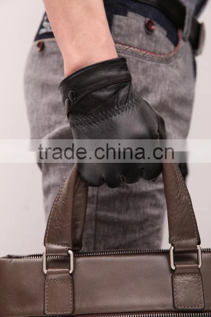 Men's leather gloves for men plus thick velvet warm snap rider line gloves short paragraph