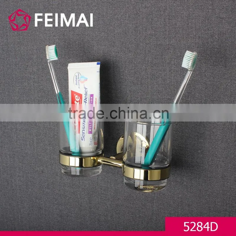Simple Design Brass Gold Finished Double Tooth Brush Glass Holder